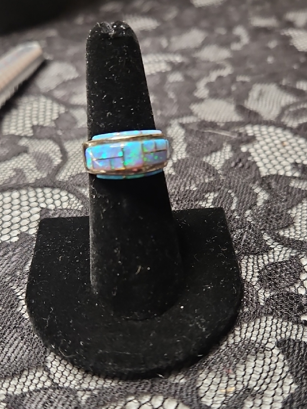 Sterling Silver Blue Fire Opal Inlay Band Ring - Size 7